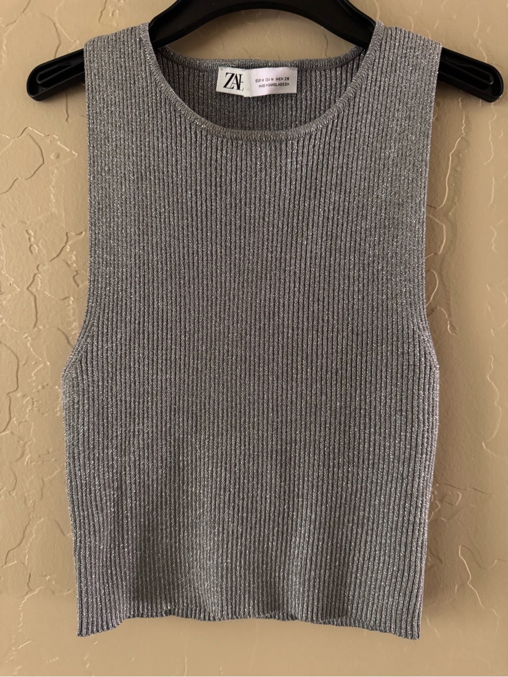 Zara Metallic Silver Ribbed Tank Top